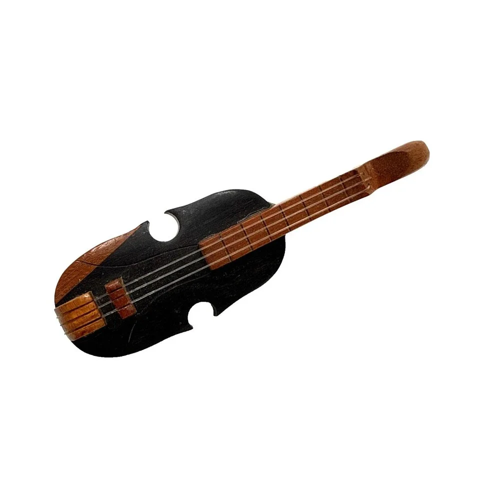 Vintage Hand Carved Wood Violin Brooch Musical String Instrument Pin 3 1/8